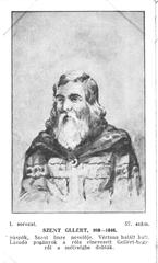 Vintage sepia-toned portrait of Saint Gellért from early 20th century Hungarian postcard series