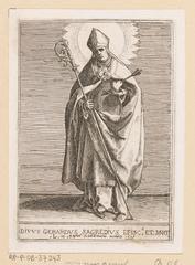 Heilige Gerard Sagredo standing with crozier and mitre, holding a heart pierced by an arrow