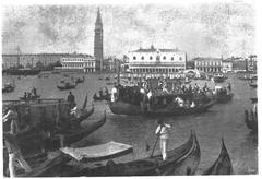 Procession with relics of Saint Gerardo Sagredo before San Giorgio in Venice with candlers