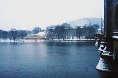 Restaurant on Střelecký ostrov island covered in snow during winter 2010 in Prague