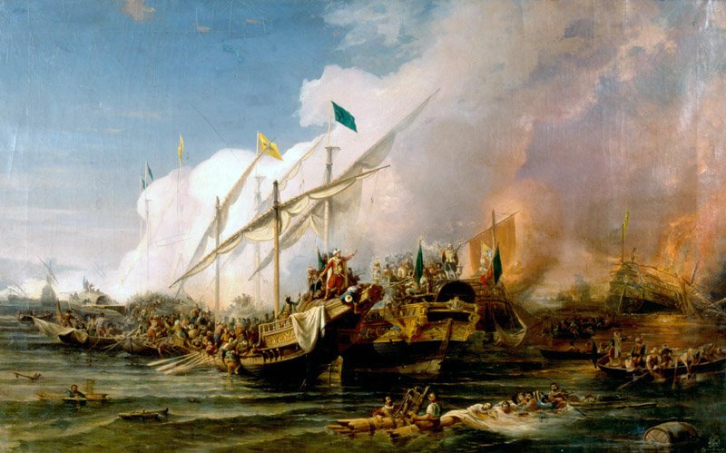 Naval battle of Preveza 1538 showing Barbarossa Hayreddin Pasha defeating the Holy League fleet commanded by Andrea Doria
