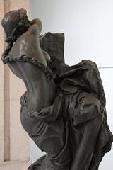 Palazzo Moriggia in Milan with detail of the female figure sculpture from the Monumento alle Cinque Giornate by Giuseppe Grandi