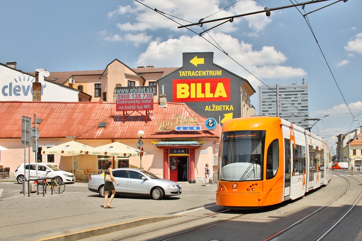 Flexity tram in Bratislava on Obchodná street near Vysoká stop