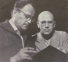 Vratislav Blažek and Ota Ornest rehearsing Příliš štědrý večer at Divadlo Komedie in 1960