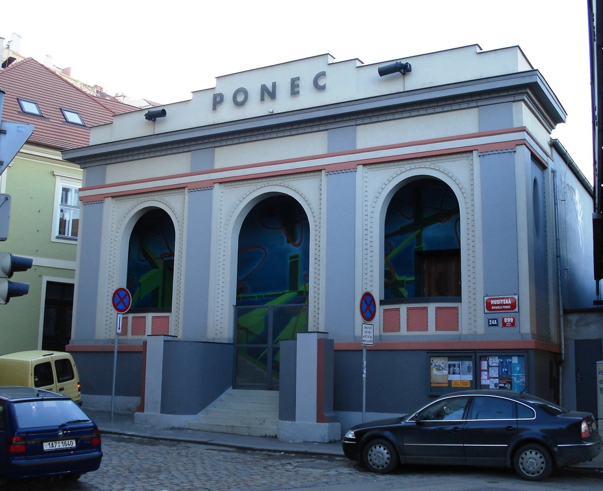 Ponec Theatre building in Prague at sunset