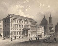 19th century steel engraving of government building and Dominican Church in Breslau