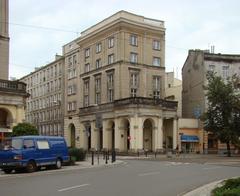 View of Zbawiciela Square with circular traffic island and Trzy Krzyże Church in Warsaw