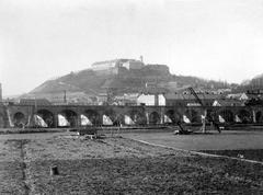 View of Špilberk Castle from Svratka River with Vienna Viaduct bridge in the foreground