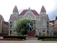 Finnish National Theatre building in Helsinki with Aleksis Kivi statue in front