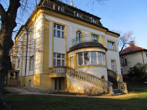 Facade of historic Dykova 14 house in Prague Vinohrady