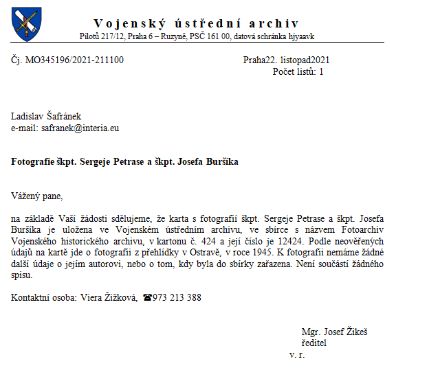 Historical photograph statement from Military Central Archive in Czech