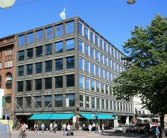 Academic bookstore building exterior in Helsinki with modernist architecture