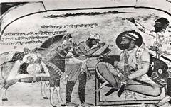 Fresco showing Bhai Bidhi Chand presenting horses Dilbagh and Gulbagh to Guru Hargobind