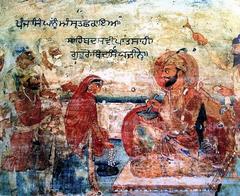 Fresco from Akal Takht showing Guru Gobind Singh and Mata Jito preparing Amrit for Amrit Sanchar ceremony with Panj Pyare