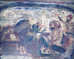 Fresco showing Guru Hargobind and Baba Bidhi Chand presenting recovered horses Dilbagh and Gulbagh at Akal Takht