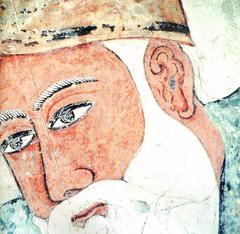 Close-up of fresco painting of Guru Nanak at Akal Takht