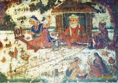 Fresco of Kabir in a hut surrounded by others in the original Akal Takht complex
