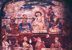 Fresco depicting Sikh gurus with Mardana and Bala in Akal Takht