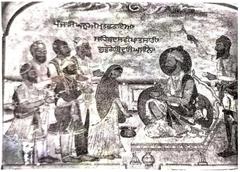 Fresco from the original Akal Takht building showing Guru Gobind Singh and Mata Jito preparing Amrit for the Amrit Sanchar ceremony for the Panj Piare