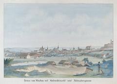 Historical painting of Obilní trh with the village Švábka and Brno in the background near the turn of 19th and 20th century