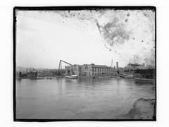 Historical view of Nylands mekaniske verksted shipyard and factory by Akerselva river in Bjørvika, Oslo