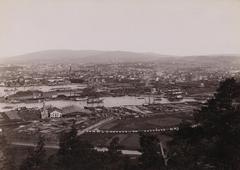 Panoramic view of Christiania from Ekeberg showing boats, ships, and harbor in the cityscape