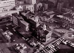 Aerial view of Carpenters' Hall and partially demolished Guarantee Trust Building with parked cars