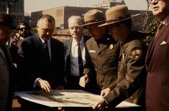 Secretary of the Interior talking to NPS staff in Independence National Historical Park with map and plants around