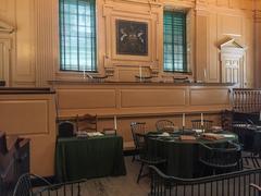 Interior of the Pennsylvania Supreme Court Chamber in Independence Hall with tables, chairs, and historical paintings