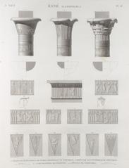 Detailed architectural plans and elevations of three capitals from the portico at Esné (Isnâ) Latopolis, including cornice and column decorations