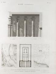 Map and architectural plans of Esné (Isnâ) ancient city including surroundings, temple layout, and portico section