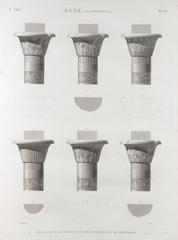 Architectural plan and elevations of six portico capitals from Esné (Isnâ) ancient site Latopolis