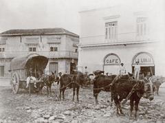 Four mules pulling a large cart on San Francisco Square in Havana, Cuba, near the customs house