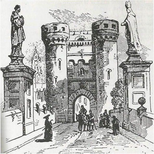 Old drawing of Portal Nou city gate and Pont de Sant Josep bridge in Valencia, Spain