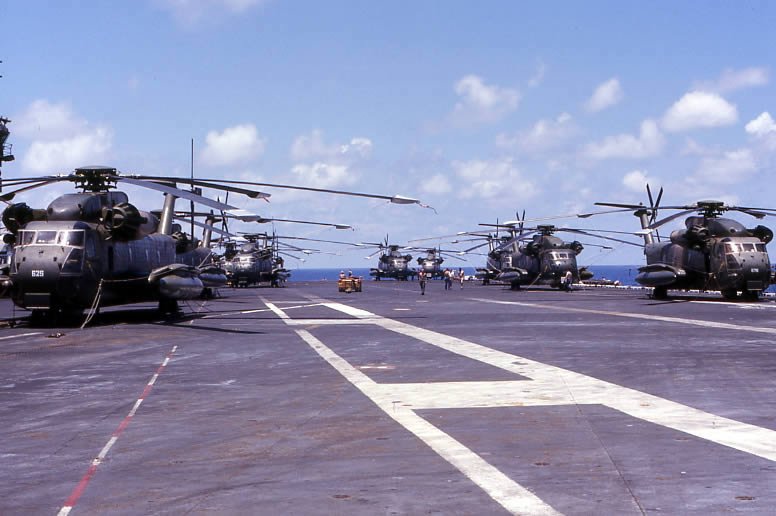 Sikorsky HH-53C Super Jolly Green Giant helicopters on USS Midway aircraft carrier deck during Operation Frequent Wind April 1975