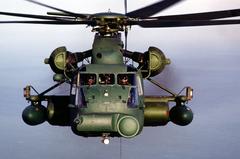 Front close-up of MH-53J helicopter with Pave Low infrared system in-flight near English coast