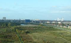 Aerial view of Amager Vest, a district in Copenhagen city, showing urban buildings and green areas