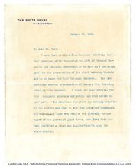 Handwritten letter from Theodore Roosevelt to William Kent about preserving Redwood Canyon, dated 1908