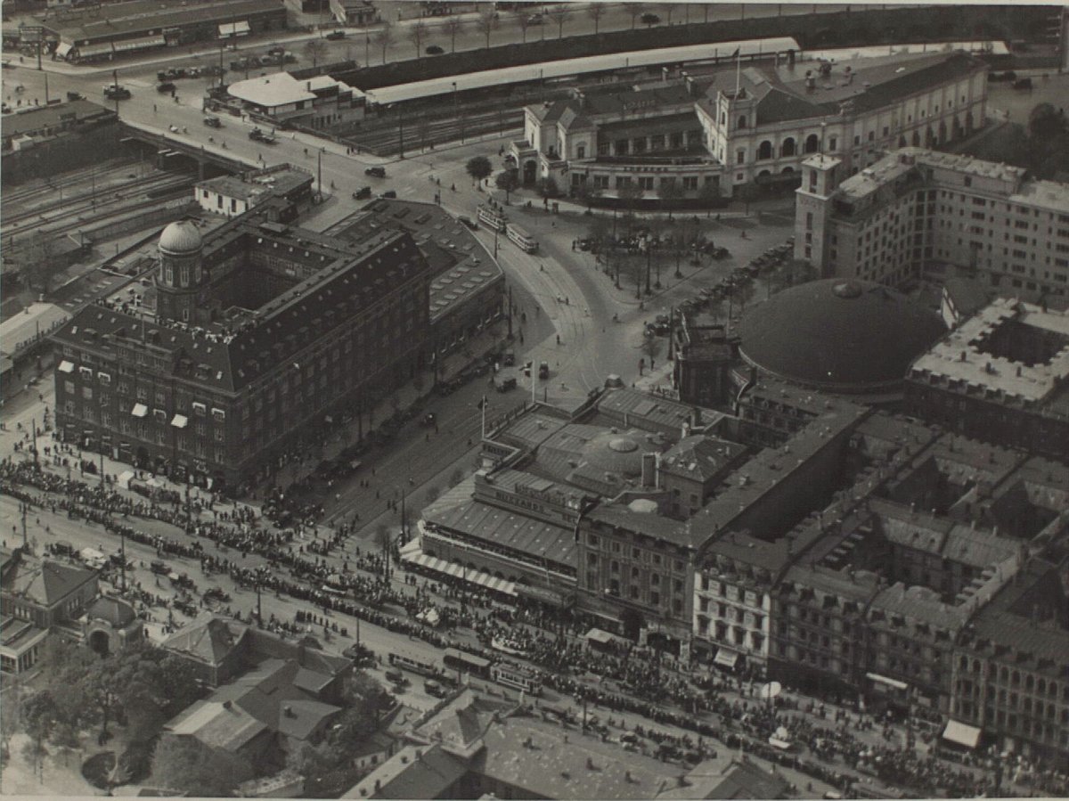 Aerial view of Axeltorv square in Copenhagen, Denmark in 1934