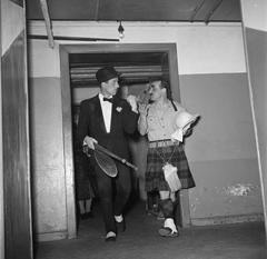 Dutch acrobats Scott & Black dressed and made up for their performance in the theater hallway