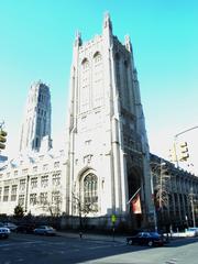 Union Theological Seminary steeple overexposed in sunny afternoon