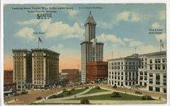 Historic street view of City Hall Park, Frye Hotel, King County Courthouse and Smith Tower in Seattle circa 1915