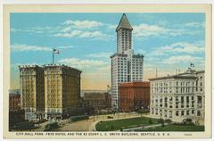 Street view of City Hall Park, Frye Hotel and Smith Tower in Seattle around 1915