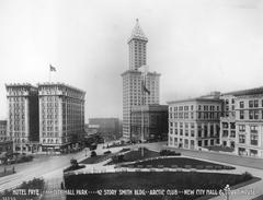 Historic view of Seattle City Hall Park with Arctic Club Building, City Hall, L. C. Smith Building, Frye Hotel, and King County Courthouse in 1916