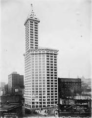 Smith Tower in Seattle with window cleaning scaffolding near the top in 1914