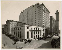 Historic view of the southeast corner of Second Avenue and Columbia Street in downtown Seattle with iconic early 20th-century bank and commercial buildings
