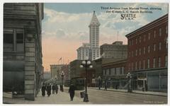 Historic black and white photo of 3rd Avenue south from Marion Street around 1913 showing the Central Building on the left and the New Western Hotel, Fern Block, and Smith Tower on the right.