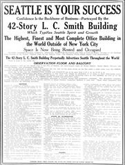 Photograph of page 1 of a 1914 Town Crier article about Seattle's L.C. Smith Building highlighting its significance as a 42-story office building symbolizing Seattle's growth and business confidence