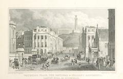 Historic engraving of Waterloo Place, the National and Nelson's Monuments, and Calton Hill in Edinburgh in 1829
