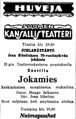 1935 advertisement for Jean Sibelius's incidental music to Jokamies in Uusi Suomi newspaper